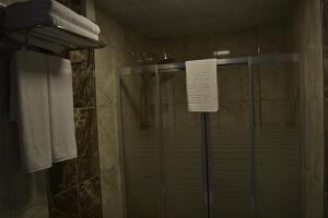 una doccia con porta in vetro in bagno di Divrigi Kosk Hotel a Divriği