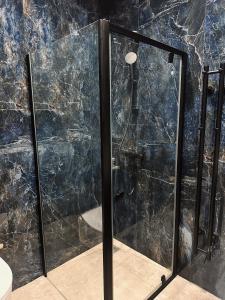 a shower with a glass door in a bathroom at Pamario Lizdas in Svencelė +25 photos