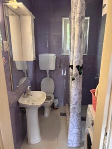 a purple bathroom with a toilet and a sink at Apartments Matija in Sutomore +27 photos