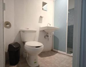 ハラパにあるDepto Zona UV Lagos Isleta 102の白いトイレと洗面台のあるバスルーム +3枚の写真