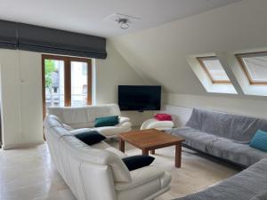 a living room with two couches and a tv at Szara Willa U Ksawerego in Szklarska Poręba