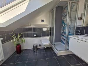 ein Badezimmer mit Toilette, Dusche und Waschbecken in der Unterkunft Urlauberdorf Haus 31d in Boltenhagen + 37 Fotos