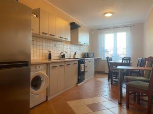 a kitchen with a washing machine and a table with chairs at Pokoje Gościnne DANA in Łeba