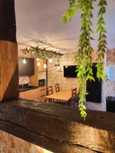 a kitchen and dining room with a wooden table at Domaine des 7 cépages in Arsonval