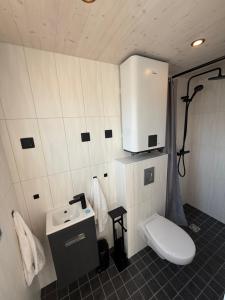 a small bathroom with a toilet and a sink at Tiny-Village by CasaVia in Eisingen +17 photos