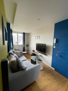 - un salon avec un canapé et une porte bleue dans l'établissement Chambres avec espaces communs équipés parfait pour séjour professionnel ou ambiance conviviale, à Laval 42 autres photos