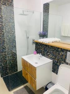 a bathroom with a white sink and a toilet at Cotroceni Prestigious in Bucharest +21 photos