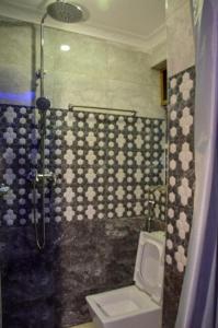 a bathroom with a shower with a toilet and a sink at GraceKim Accomodations in Nakuru