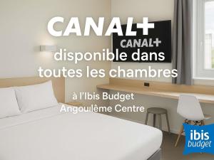a bedroom with a bed and a sign that says canadian campril dopamineds at ibis budget Angoulême Centre in Angoulême