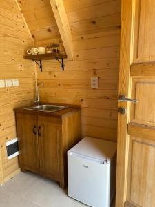 a small kitchen with a sink and a refrigerator at Gorska Dolina in Ivanova Korita