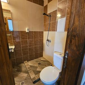 a bathroom with a toilet and a shower at Guest House Belchin View in Belchin +57 photos