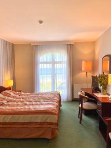a hotel room with a bed and a desk and a window at Hotel Lival in Gdańsk +59 photos
