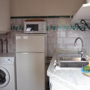 a kitchen with a white refrigerator and a microwave at La Casita del Corralon in Granada
