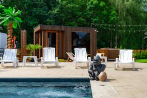 a statue of a lion sitting next to a pool at Domki Piaskowa11 Palm Resort & Wellness in Łeba