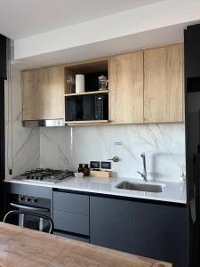 a kitchen with a sink and a stove at Ammonite Playa in Mar del Plata +6 photos