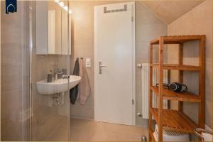 a bathroom with a shower with a sink and a shower at Ferienanlage Seeblick Meerchen in Ostseebad Koserow +32 photos