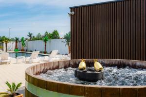 dwa ptaki siedzące w fontannie w basenie w obiekcie Domki Piaskowa11 Palm Resort & Wellness w Łebie