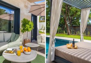 a villa with a swimming pool and a bed and a patio at Villa Mol by Villsy - with private pool, sauna, jacuzzi in Baderna
