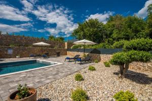 a garden with a pool and chairs and umbrellas at Kuća za odmor TARA & LANA I in Kornić +37 photos
