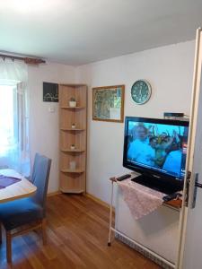 a living room with a television on a table at Rekreační chata Kocába in Štěchovice