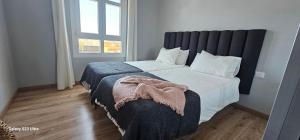 a bedroom with a large bed with a black headboard at C&C Suites in Los Llanos de Aridane