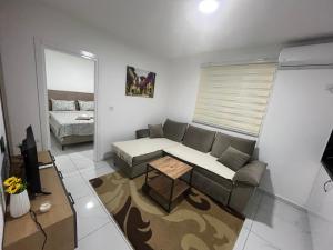 a living room with a couch and a bed at Apartmani AMAN in Dobra Voda