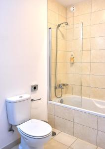 Elegant 1-Bedroom Duplex Apartment في سانتا ماريا: حمام مع مرحاض ودش وحوض استحمام