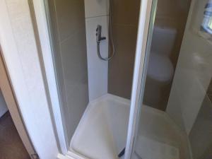 a shower with a glass door next to a toilet at Emma 6 in Menai Bridge