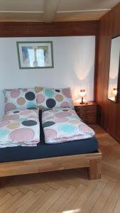 una camera da letto con letto, cuscini e lampada di Gasthof Ochsen a Huttwil