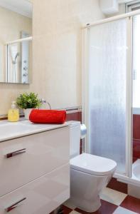 Un baño blanco con inodoro y ducha. en Apartamento Saioa, en Pamplona 33 fotos más