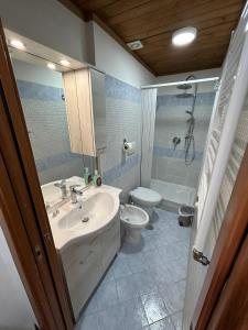 ein Badezimmer mit Waschbecken, Toilette und Dusche in der Unterkunft Villa Lanusei in Rom