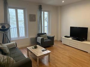 a living room with a couch and a tv at Gaïa - Maison intra-muros 3 chambres in Avignon