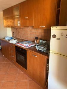 a kitchen with wooden cabinets and a white refrigerator at Ophi House in Torre di Ruggiero