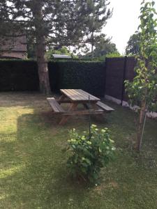 a picnic table in a yard with a tree at Maison 1er étage chéreng 6kms stade Pierre Mauroy 4 personnes in Chéreng
