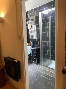 un bagno con doccia e televisione e un bagno di The Oxford St Stay a Londra