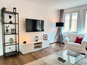 ein Wohnzimmer mit einem TV an der Wand in der Unterkunft Exklusives 3 Zi Design Apartment in FR-Altstadt in Freiburg im Breisgau