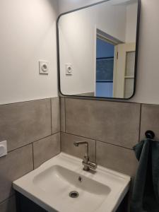 un baño con lavabo y espejo en La maison du quai, en LʼIsle-sur-la-Sorgue 14 fotos más