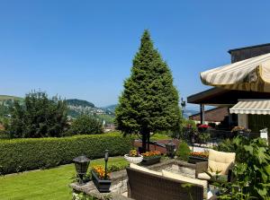 a garden with a pine tree and chairs and a tree at Chlösterli in Lucerne +27 photos