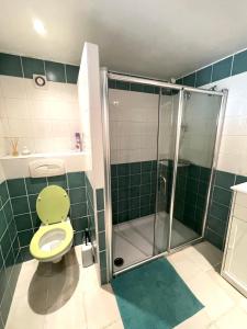 a bathroom with a shower with a yellow toilet at Charming little house with garden, stunning view in Fayence +25 photos