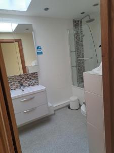 a bathroom with a sink and a shower and a toilet at 2 Bed House - Sleeps 4 - Fishing - Parking - Patio in Abergavenny