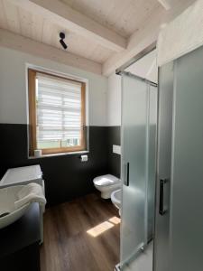 a bathroom with a toilet and a glass shower at Le Calle Holiday Apartments in Nago-Torbole +28 photos