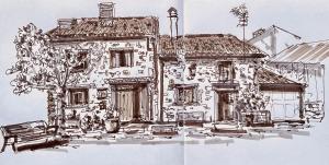 a drawing of an old house with a bench at Alameda 2 in Alameda del Valle