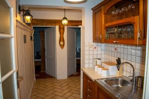 a kitchen with wooden cabinets and a sink at Bieszczadzkie Wytchnienie in Wetlina +152 photos