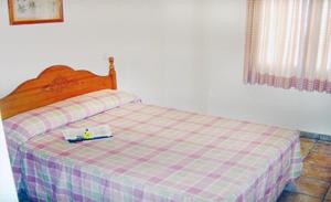 アルコベンダスにあるHotel Mirafloresのベッド(チェック入りの毛布と本付)