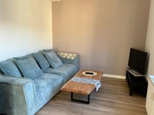 a living room with a blue couch and a coffee table at Number 14 in Argelès-Gazost