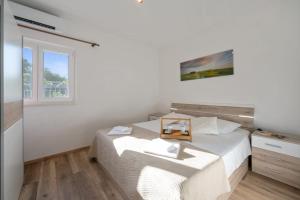a white bedroom with a bed and a window at Holiday home Neva with private pool and game room in Donje Vinovo +46 photos
