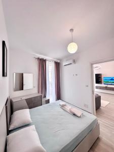 シェンジンにあるA&H Apartmentsの大きなベッドと鏡のある寝室