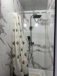 een badkamer met een douche met een douchegordijn bij One Million Stars Yurt camp in Song-Kul