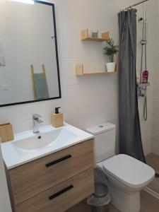 a bathroom with a sink and a toilet and a mirror at Casa Puerto Blanco II in Algodonales
