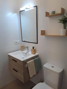 a bathroom with a sink and a mirror and a toilet at Casa Puerto Blanco II in Algodonales